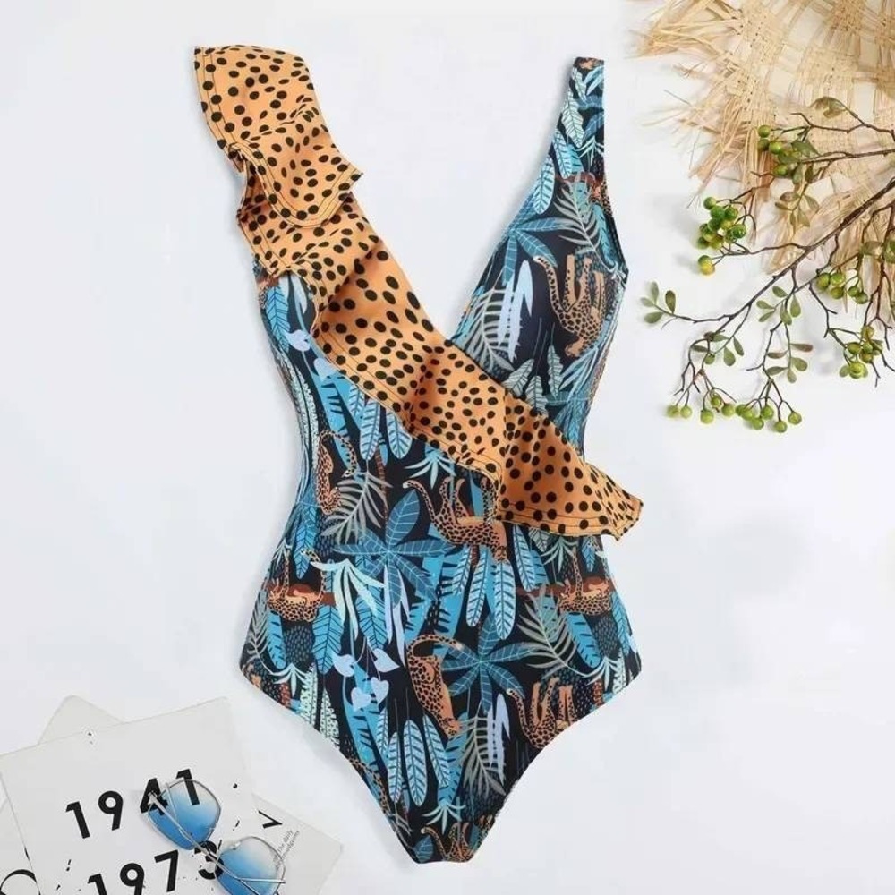 NEW Tropical Jungle Leopard One Piece Swimsuit Ruffle Polka Dot Resortwear Small
